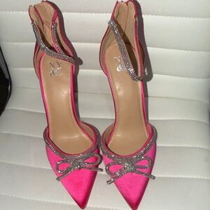 New York & Company Hot Pink Satin Pointed-Toe Heels with Crystal Bow Trim